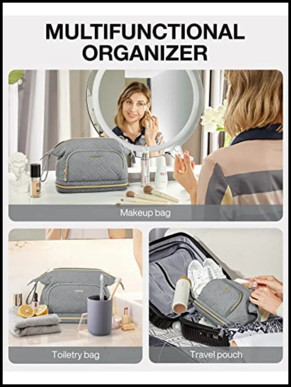Travel Makeup Bag Cosmetic Organizer Case Wide-Open Pouch Double Layers